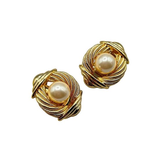 ORENA Paris Clip On Earrings Made in France Gold Tone and Faux Pearls Cabochons - Picture 1 of 8